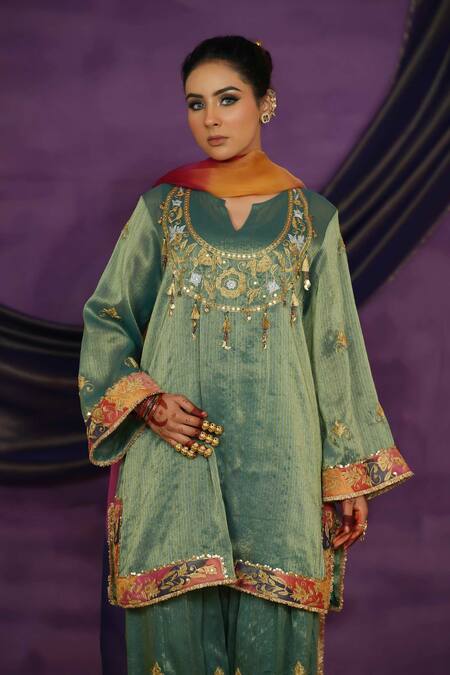 Jyoti Bansal_Green Tissue, Organza Embroidery, Mirrors, Tilla Dori And Work Kurta Salwar Set _Online_at_Aza_Fashions