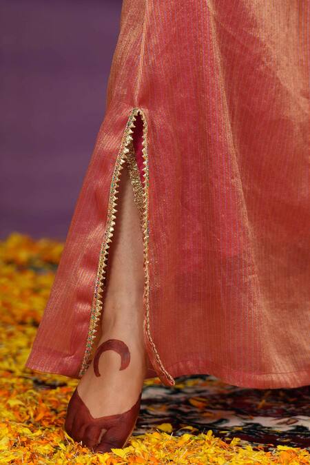 Shop_Jyoti Bansal_Multi Color Tissue Embroidery, Mirrors, Tassels Round Neck Kaftan _Online_at_Aza_Fashions