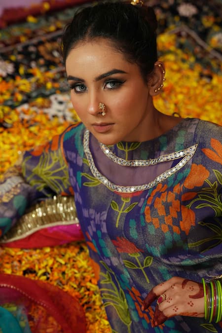 Buy_Jyoti Bansal_Purple Tissue, Organza Embroidery, Mirrors, Tassels Round Printed Kurta Set _Online_at_Aza_Fashions