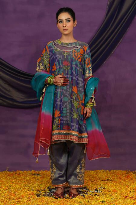 Shop_Jyoti Bansal_Purple Tissue, Organza Embroidery, Mirrors, Tassels Round Printed Kurta Set _Online_at_Aza_Fashions