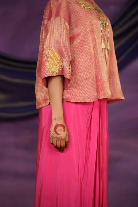 Jyoti Bansal_Pink Tissue, Crepe Embroidery, Mirrors, Tilla Dori And Work Top With Skirt _Online_at_Aza_Fashions