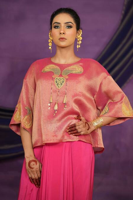 Buy_Jyoti Bansal_Pink Tissue, Crepe Embroidery, Mirrors, Tilla Dori And Work Top With Skirt _Online_at_Aza_Fashions