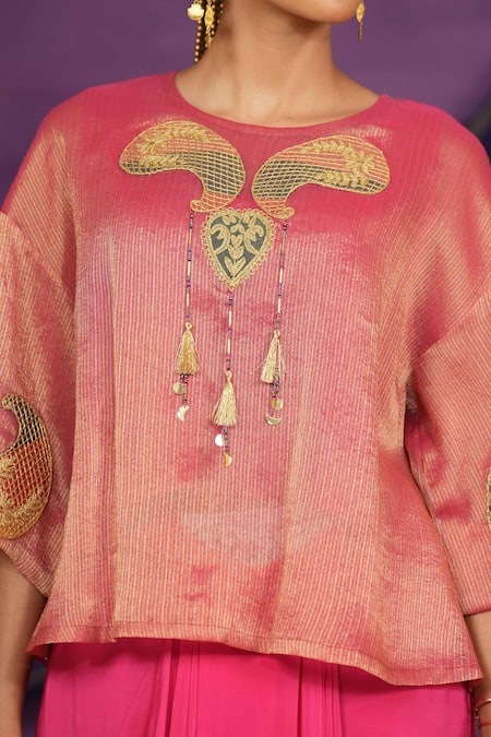Shop_Jyoti Bansal_Pink Tissue, Crepe Embroidery, Mirrors, Tilla Dori And Work Top With Skirt _Online_at_Aza_Fashions