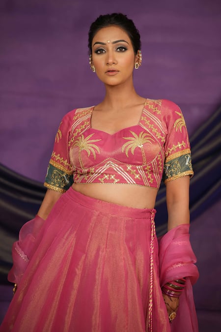 Shop_Jyoti Bansal_Pink Tissue, Organza Embroidery, Mirrors, Tassels Tilla Dori And Lehenga Set _Online_at_Aza_Fashions