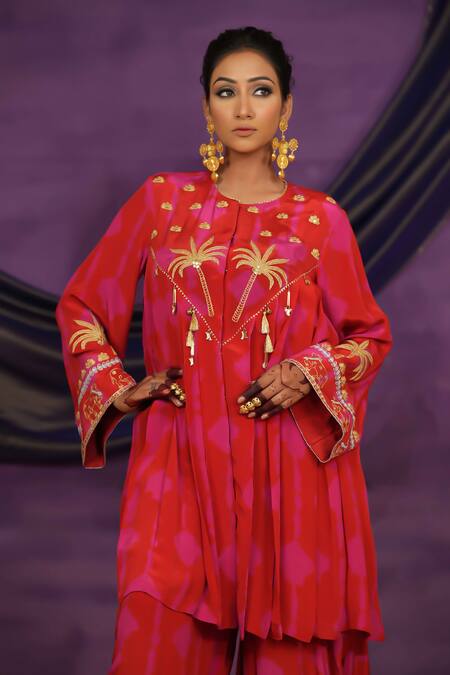 Jyoti Bansal_Red Crepe Embroidery, Mirrors, Tie Dye Tilla Dori And Work Tunic With Salwar _Online_at_Aza_Fashions