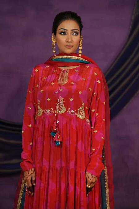 Buy_Jyoti Bansal_Red Crepe, Organza Embroidery, Tie Dye Tilla Dori Anarkali With Dupatta _Online_at_Aza_Fashions