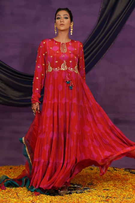 Shop_Jyoti Bansal_Red Crepe, Organza Embroidery, Tie Dye Tilla Dori Anarkali With Dupatta _Online_at_Aza_Fashions