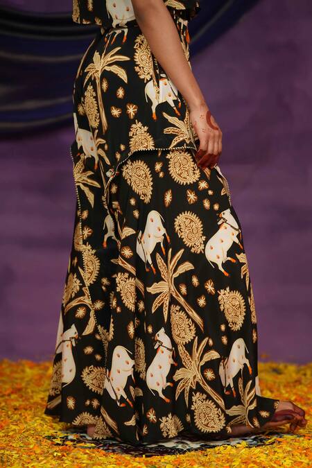 Shop Jyoti Bansal Black Crepe Embroidery, Mirrors, Tassels Round Printed Crop Top And Palazzo Set Online at Aza Fashions Shop_Jyoti Bansal_Black Crepe Embroidery, Mirrors, Tassels Round Printed Crop Top And Palazzo Set _Online_at_Aza_Fashions