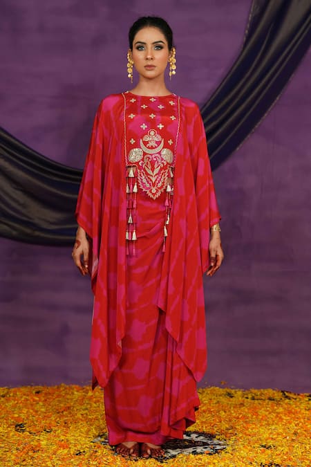 Buy_Jyoti Bansal_Red Crepe Embroidery, Tassels Round Neck Tilla Dori Cape And Skirt Set _Online_at_Aza_Fashions