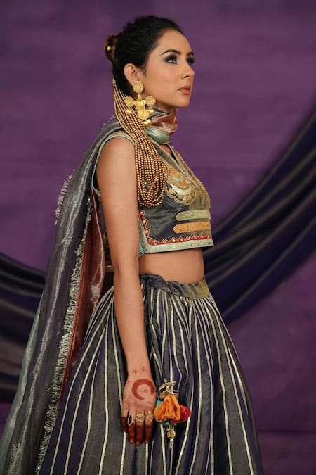 Buy_Jyoti Bansal_Gray Tissue, Organza Embroidery, Mirrors, Dori And Work Blouse Lehenga Set _Online_at_Aza_Fashions