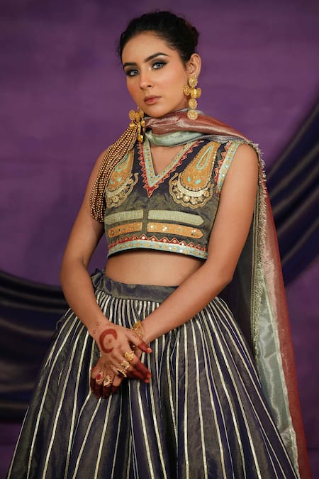 Shop_Jyoti Bansal_Gray Tissue, Organza Embroidery, Mirrors, Dori And Work Blouse Lehenga Set _Online_at_Aza_Fashions