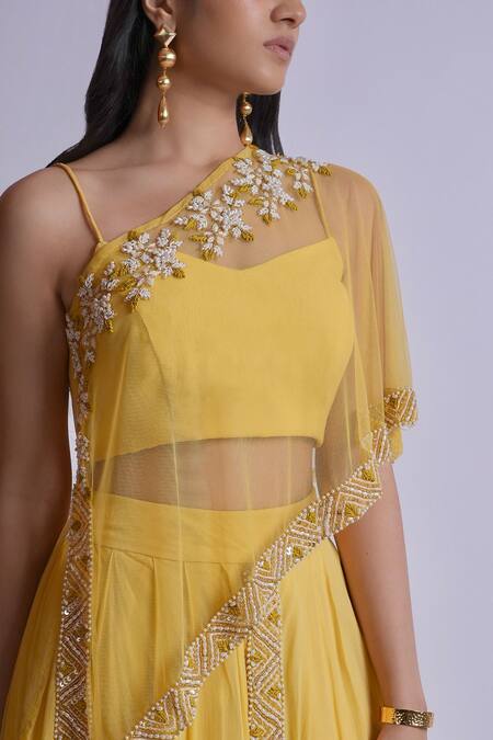 Richa Jaisinghani Label Yellow Georgette Beads, Sequins, Embroidery One Haze Cape And Skirt Set Online at Aza Fashions Richa Jaisinghani Label_Yellow Georgette Beads, Sequins, Embroidery One Haze Cape And Skirt Set _Online_at_Aza_Fashions