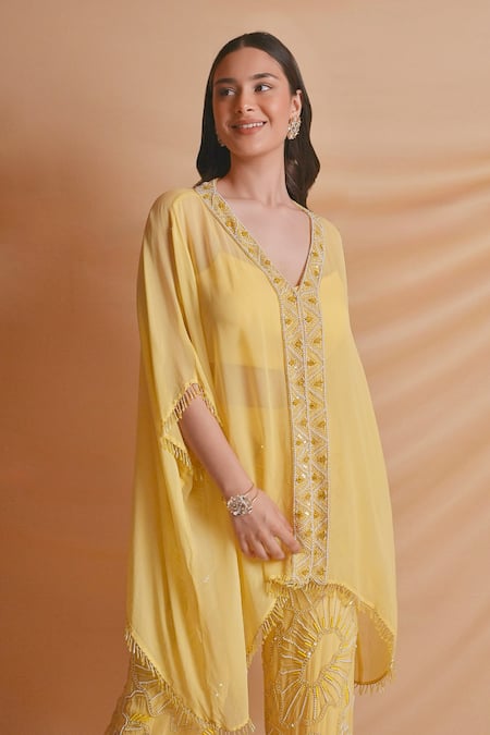 Richa Jaisinghani Label_Yellow Georgette Beads, Sequins, Embroidery V-neck Coastal Kaftan Pant Set _Online_at_Aza_Fashions
