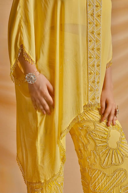 Buy_Richa Jaisinghani Label_Yellow Georgette Beads, Sequins, Embroidery V-neck Coastal Kaftan Pant Set _Online_at_Aza_Fashions