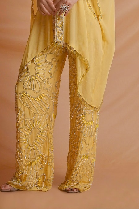 Shop_Richa Jaisinghani Label_Yellow Georgette Beads, Sequins, Embroidery V-neck Coastal Kaftan Pant Set _Online_at_Aza_Fashions