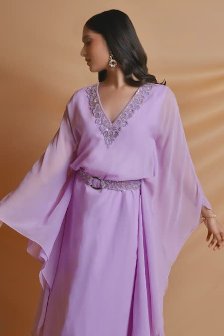 Richa Jaisinghani Label_Lilac Georgette Embroidery V-neck Noor Ruffle Kaftan With Belt _Online_at_Aza_Fashions