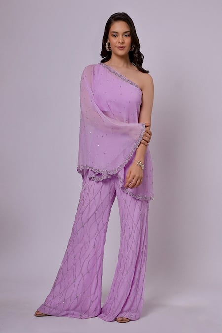 Richa Jaisinghani Label Amethyst Bloom One Shoulder Cape Pant Set 