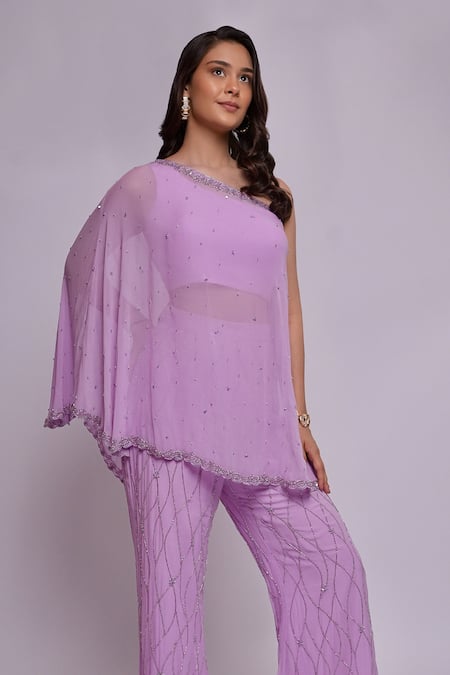 Richa Jaisinghani Label_Purple Georgette Sequins, Embroidery One Shoulder Amethyst Bloom Cape Pant Set _Online_at_Aza_Fashions