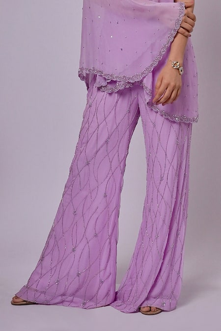 Buy_Richa Jaisinghani Label_Purple Georgette Sequins, Embroidery One Shoulder Amethyst Bloom Cape Pant Set _Online_at_Aza_Fashions