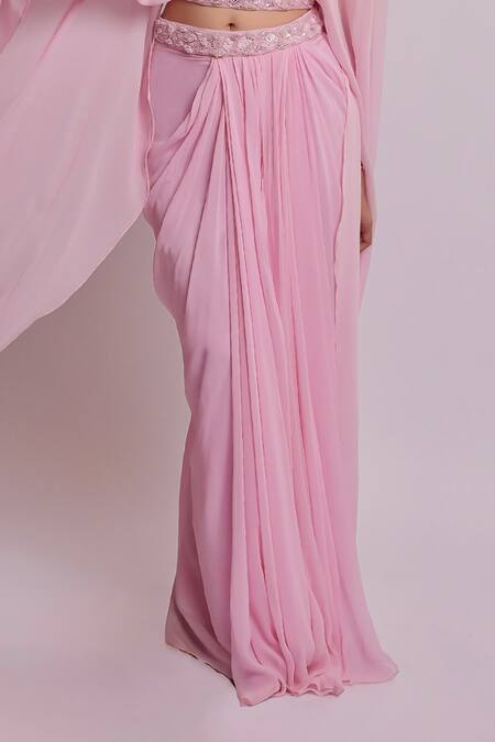Richa Jaisinghani Label_Pink Georgette Embroidery, Zari Round Neck, Petal Peony Draped Skirt Set _Online_at_Aza_Fashions