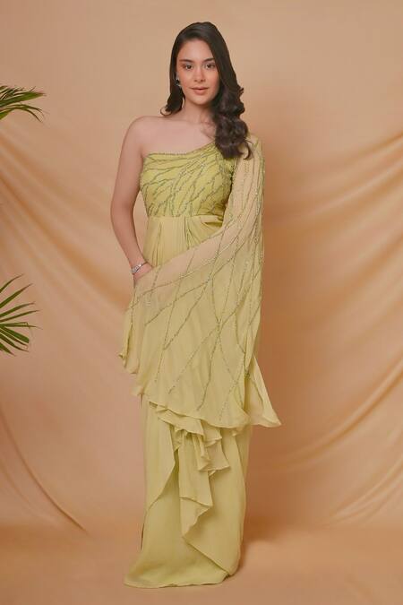 Richa Jaisinghani Label_Green Georgette Beads, Embroidery One Shoulder Lumiere Draped Gown _Online_at_Aza_Fashions