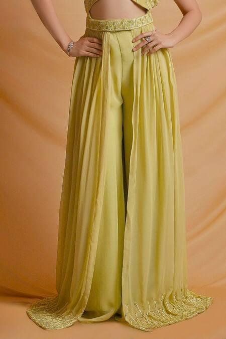 Richa Jaisinghani Label_Green Georgette Embroidery, Sequins Halter Neck, Palm Sage Jumpsuit With Trail _Online_at_Aza_Fashions