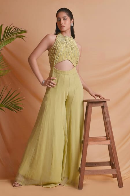 Buy_Richa Jaisinghani Label_Green Georgette Embroidery, Sequins Halter Neck, Palm Sage Jumpsuit With Trail _Online_at_Aza_Fashions