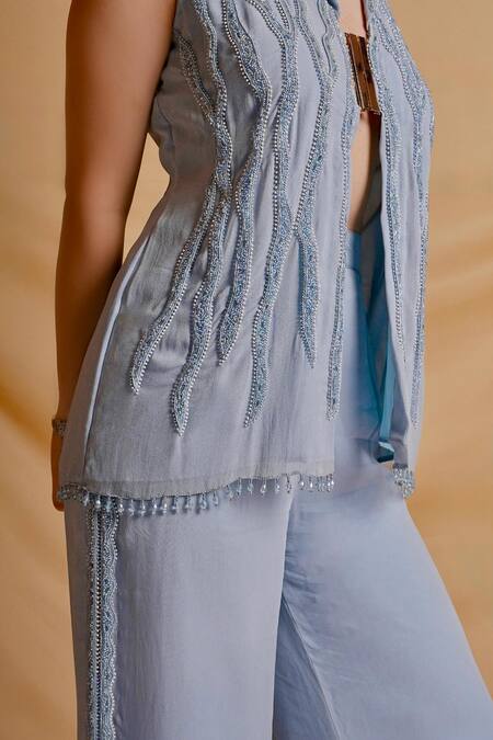 Buy_Richa Jaisinghani Label_Sky Blue Georgette Beads, Embroidery Moonshadow Blazer Pant Set _Online_at_Aza_Fashions