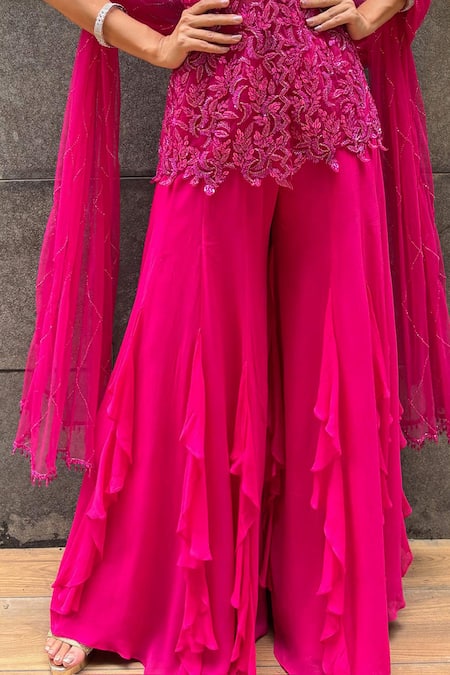 Richa Jaisinghani Label_Pink Georgette Embroidery, Ruffles, Sequins High Fuscia Flame Kurta Sharara Set _Online_at_Aza_Fashions