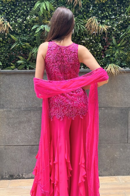 Richa Jaisinghani Label Fuscia Flame Kurta Sharara Set 