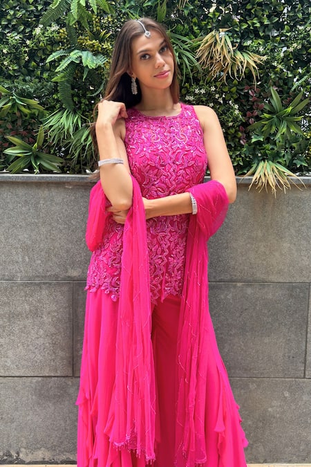 Shop_Richa Jaisinghani Label_Pink Georgette Embroidery, Ruffles, Sequins High Fuscia Flame Kurta Sharara Set _Online_at_Aza_Fashions