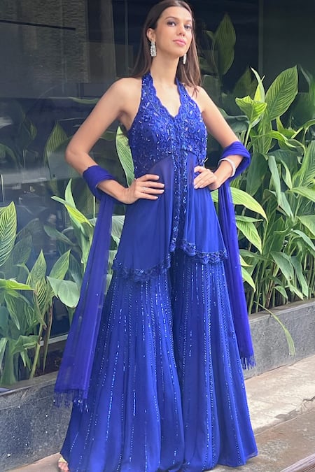 Richa Jaisinghani Label Indigo Hour Embroidered Kurta Sharara Set 