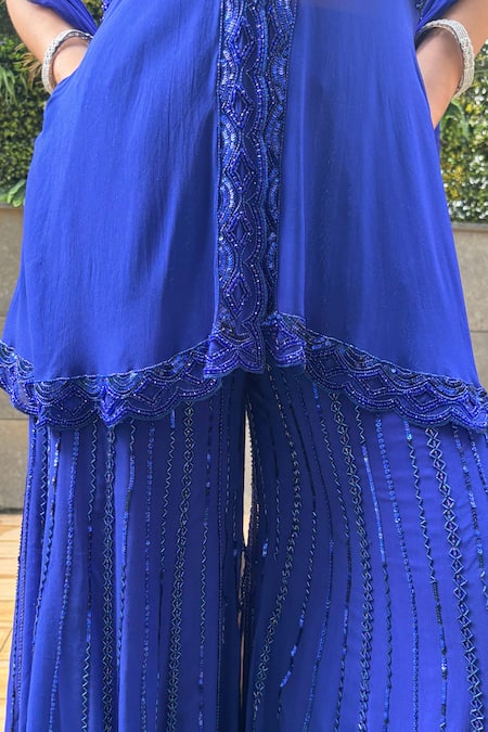 Shop_Richa Jaisinghani Label_Blue Georgette Embroidery, Beads, Sequins, Indigo Hour Kurta Sharara Set _Online_at_Aza_Fashions