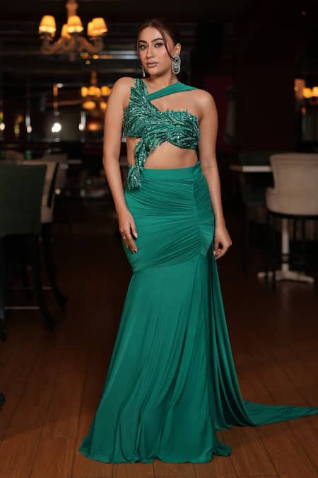 Richa Jaisinghani Label Teal Lush Embroidered Top & Skirt Set 