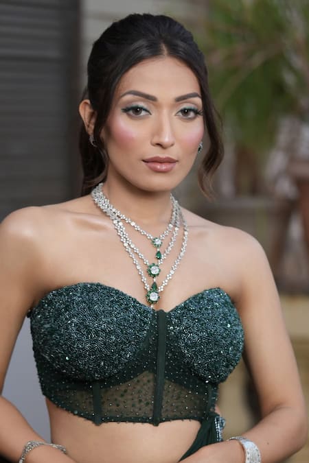 Richa Jaisinghani Label_Emerald Green Georgette Sequins, Embroidery Haze Draped Skirt With Corset Blouse _Online_at_Aza_Fashions
