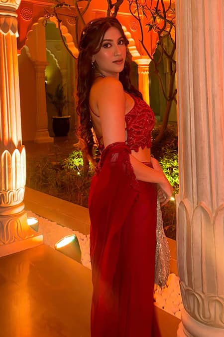 Richa Jaisinghani Label Ruby Red Sheer Cape & Skirt Set 