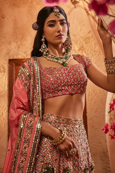 The Royaleum_Pink Silk Sequins, Embroidery, Zari, Stones Square Neck Nura Lehenga Set _Online_at_Aza_Fashions