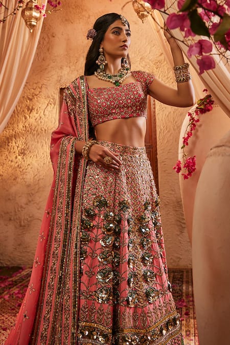 Buy_The Royaleum_Pink Silk Sequins, Embroidery, Zari, Stones Square Neck Nura Lehenga Set _Online_at_Aza_Fashions
