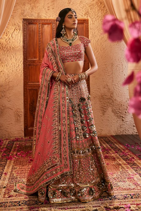 Shop_The Royaleum_Pink Silk Sequins, Embroidery, Zari, Stones Square Neck Nura Lehenga Set _Online_at_Aza_Fashions