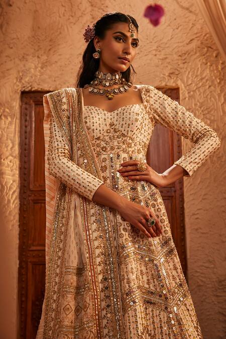 The Royaleum_Ivory Silk Embroidery, Sequins, Zari Sweetheart Mehzarin Anarkali And Dupatta _Online_at_Aza_Fashions