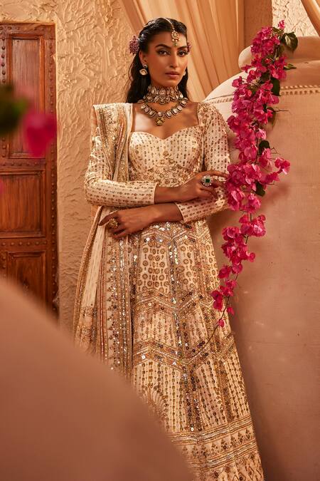 Buy_The Royaleum_Ivory Silk Embroidery, Sequins, Zari Sweetheart Mehzarin Anarkali And Dupatta _Online_at_Aza_Fashions