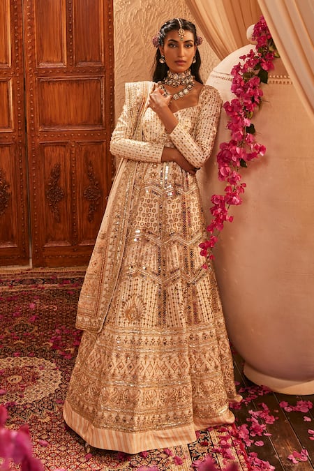 Shop_The Royaleum_Ivory Silk Embroidery, Sequins, Zari Sweetheart Mehzarin Anarkali And Dupatta _Online_at_Aza_Fashions