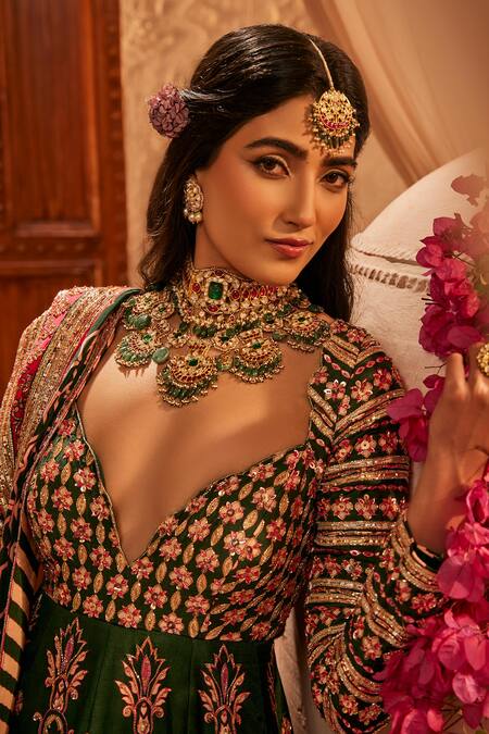 Buy_The Royaleum_Green Silk Embroidery, Sequins, Gota Patti Vaarahi Anarkali And Dupatta Set _Online_at_Aza_Fashions