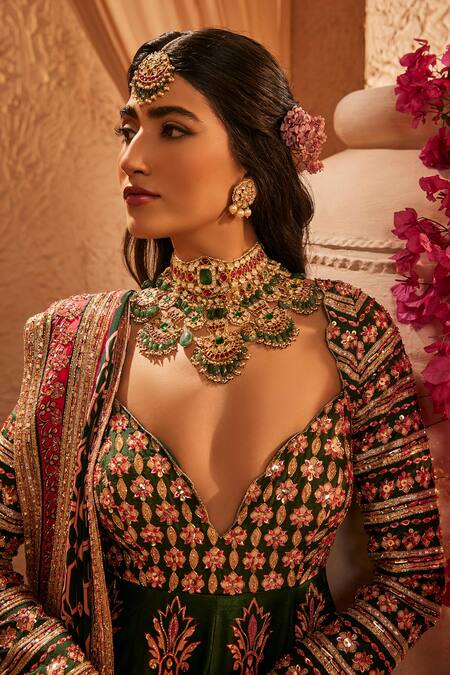 Shop_The Royaleum_Green Silk Embroidery, Sequins, Gota Patti Vaarahi Anarkali And Dupatta Set _Online_at_Aza_Fashions