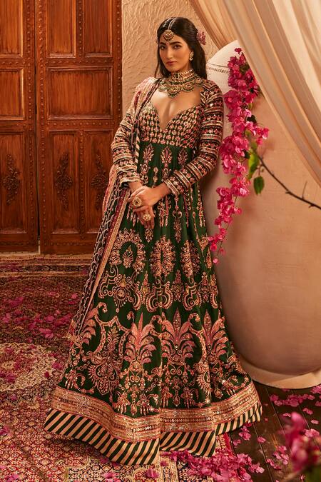 The Royaleum_Green Silk Embroidery, Sequins, Gota Patti Vaarahi Anarkali And Dupatta Set _at_Aza_Fashions