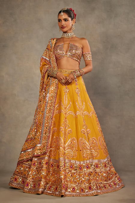 The Royaleum Yellow Silk Sequins, Zari, Embroidery Halter Neck Gulsona Lehenga Set 