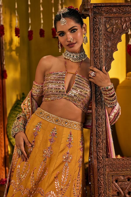 The Royaleum_Yellow Silk Sequins, Zari, Embroidery Halter Neck Gulsona Lehenga Set _Online_at_Aza_Fashions