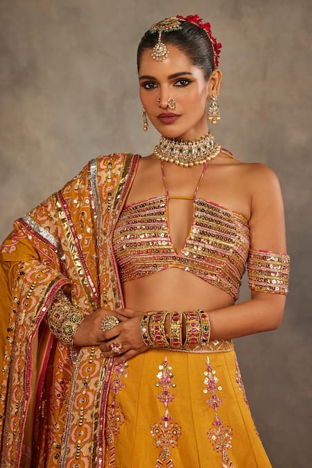 Buy_The Royaleum_Yellow Silk Sequins, Zari, Embroidery Halter Neck Gulsona Lehenga Set _Online_at_Aza_Fashions