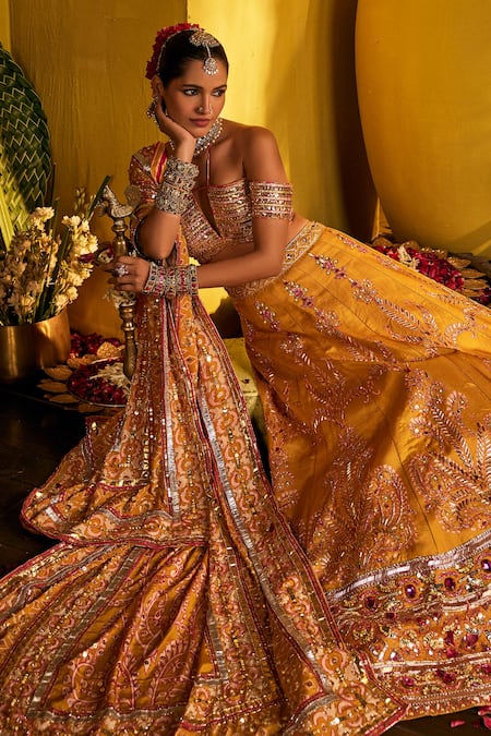Shop_The Royaleum_Yellow Silk Sequins, Zari, Embroidery Halter Neck Gulsona Lehenga Set _Online_at_Aza_Fashions