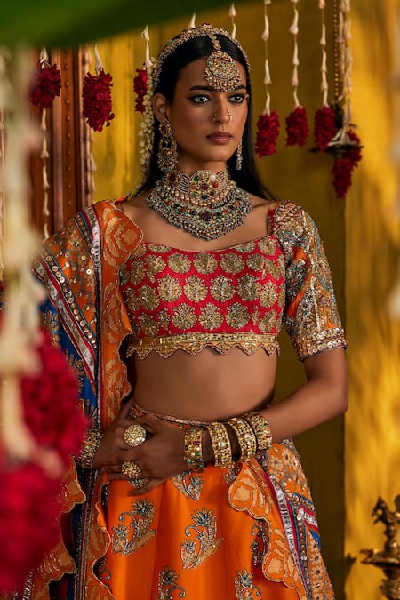 The Royaleum_Red Silk Embroidery, Zari, Sequins, Gota Patti Square Neck Mandira Lehenga Set _Online_at_Aza_Fashions